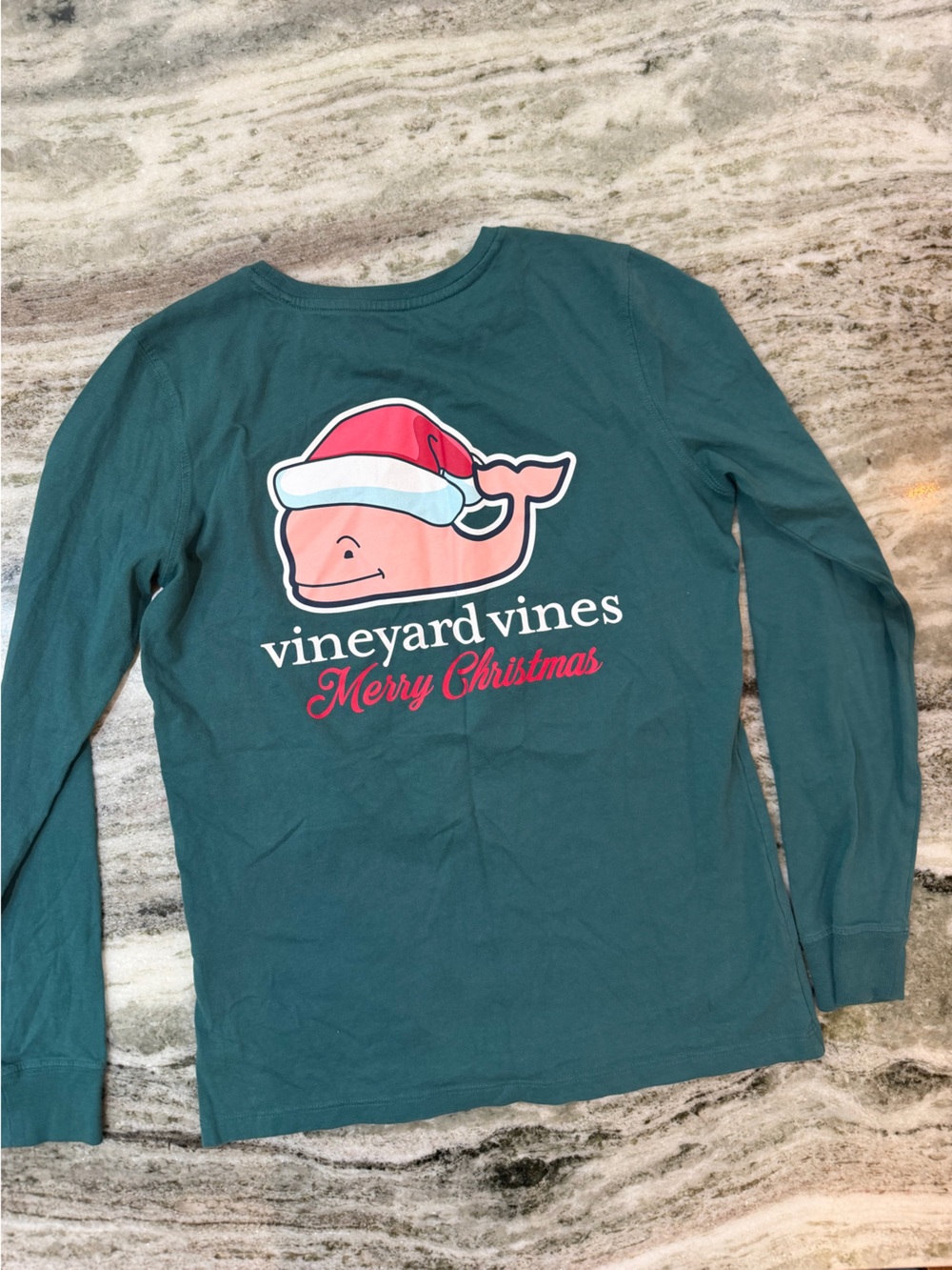 Vineyard Vines Teal Long-Sleeve Tee with Holiday Whale Graphic